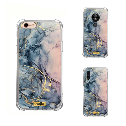 Funda Glossy Reforzada Mármol Azul, rosa y Dorado