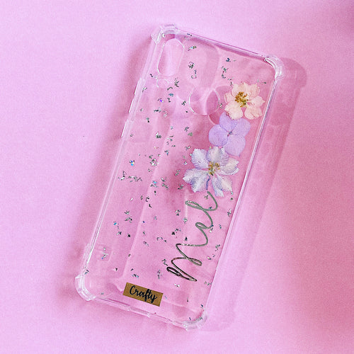 Funda Flores Gaura con Nombre y Brillo Plata
