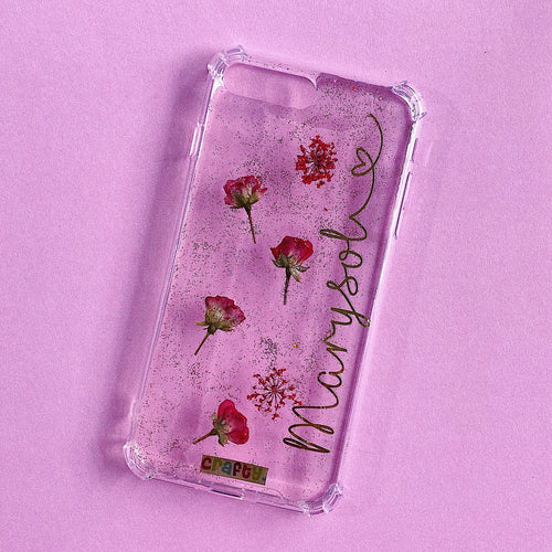 Funda Flores Mini Rosa y Brillo Con Nombre