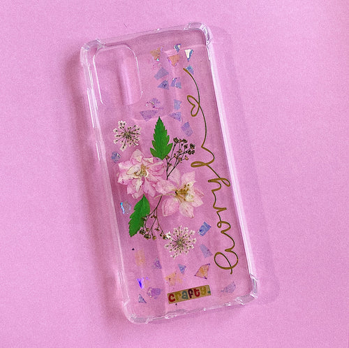 Funda Flores Gaura Tonos Rosados y Brillos Lila